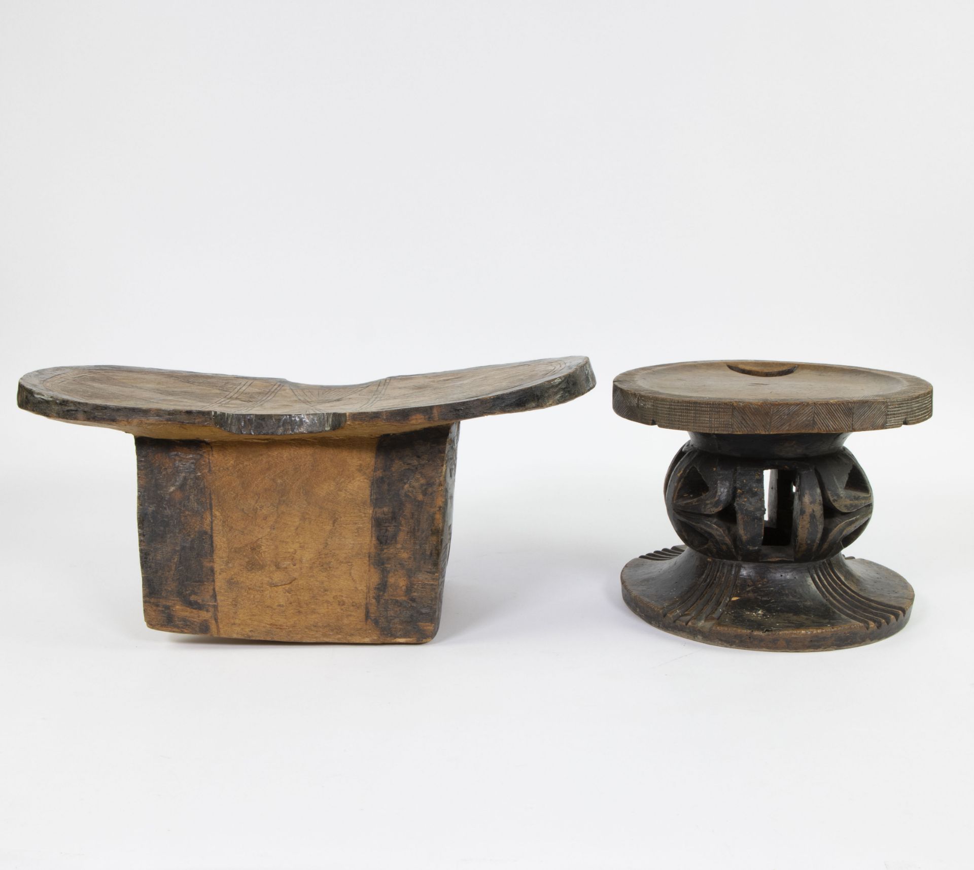 2 African stools including Mangbetu (portable on the belt) Democratic Republic of Congo