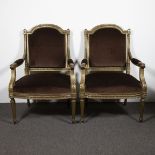 Pair of Louis XV gilded armchairs with velor back and seat