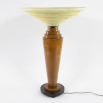 Art Deco table lamp with yellow glass coupe and polished wooden base