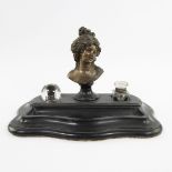 Napoleon III ink set in black marble with bronze woman's head and 2 glass jars