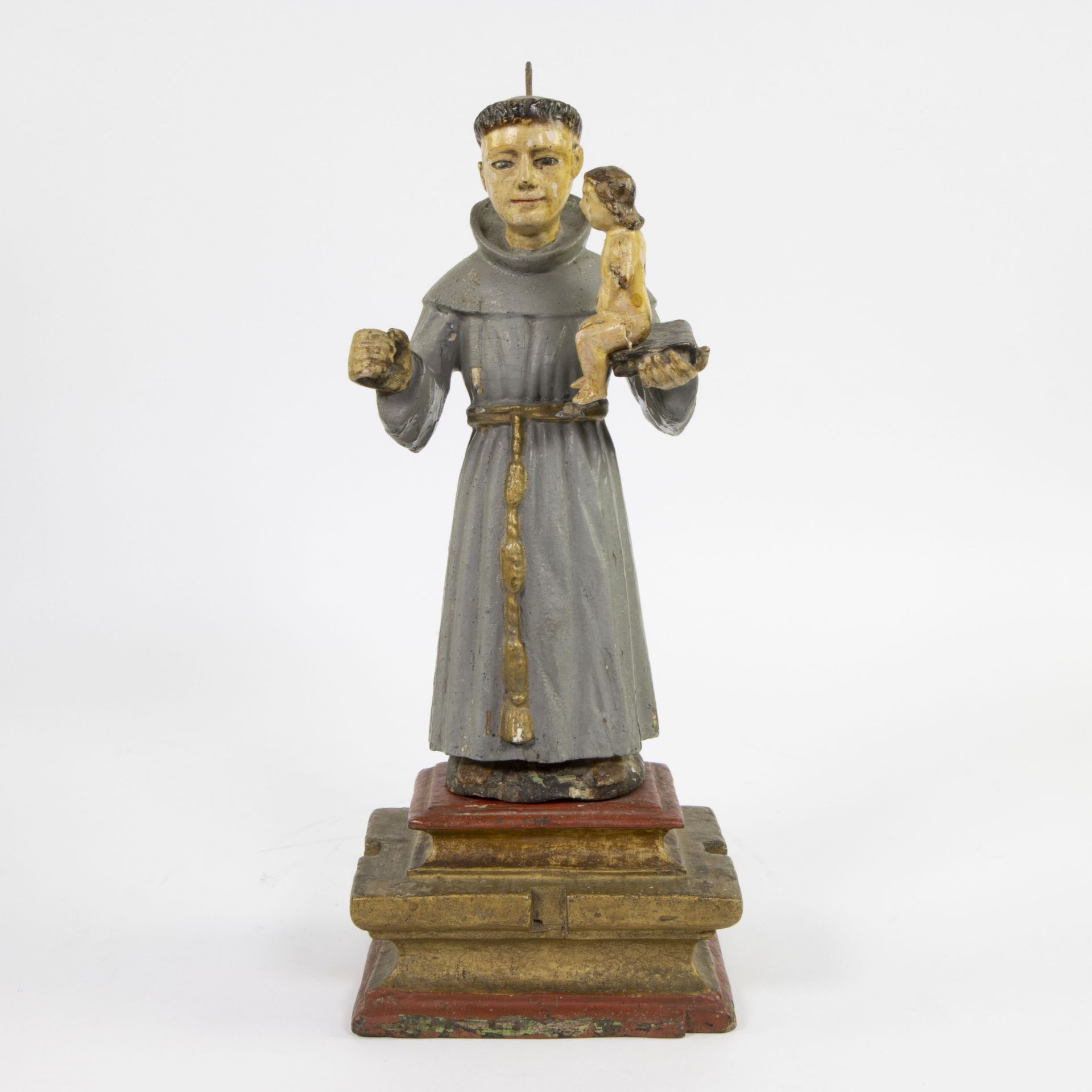 Wooden 18th century statue Francis with child, Spanish or South America, original polychromy