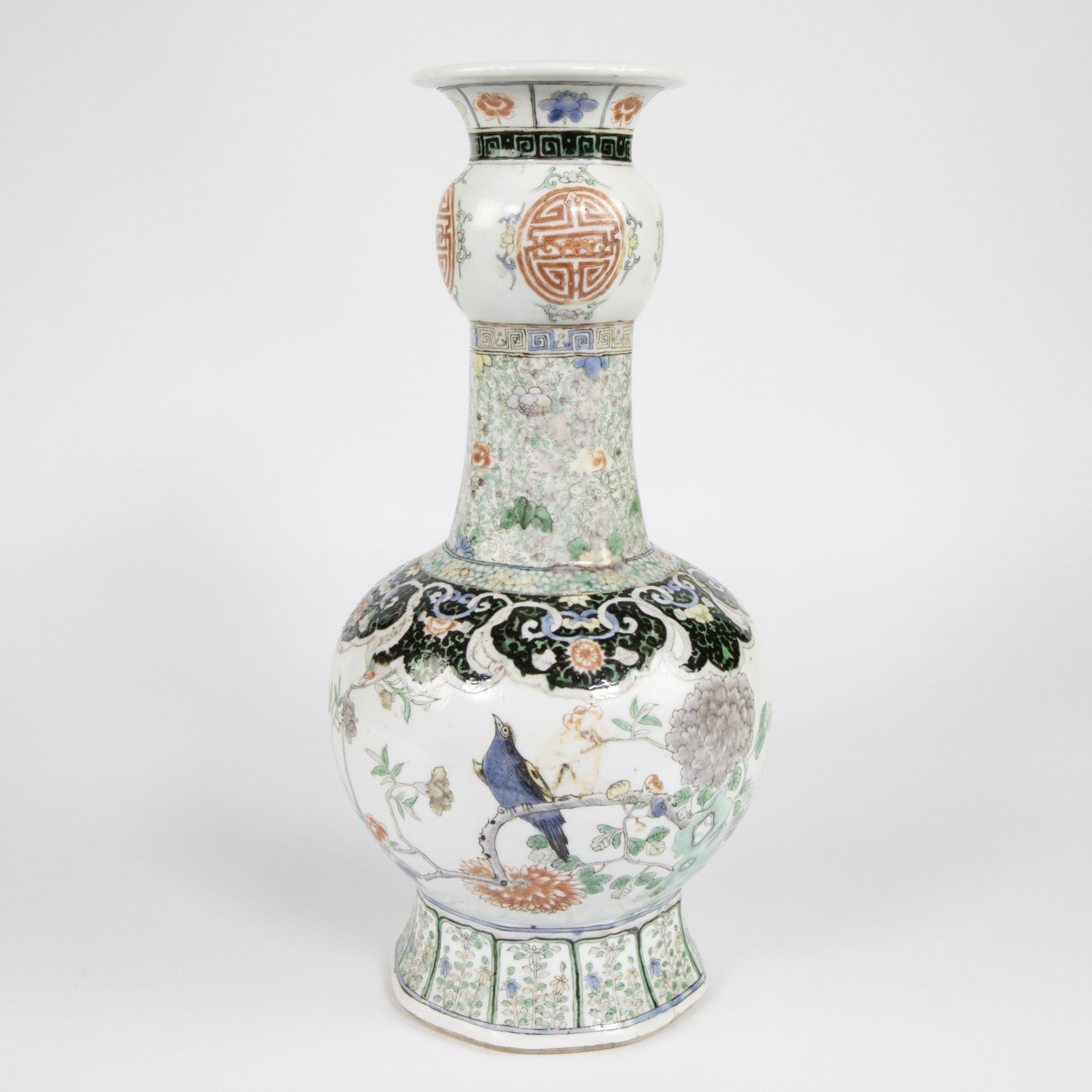 Chinese 'garlic shaped' vase floral decor with birds 19/20th century