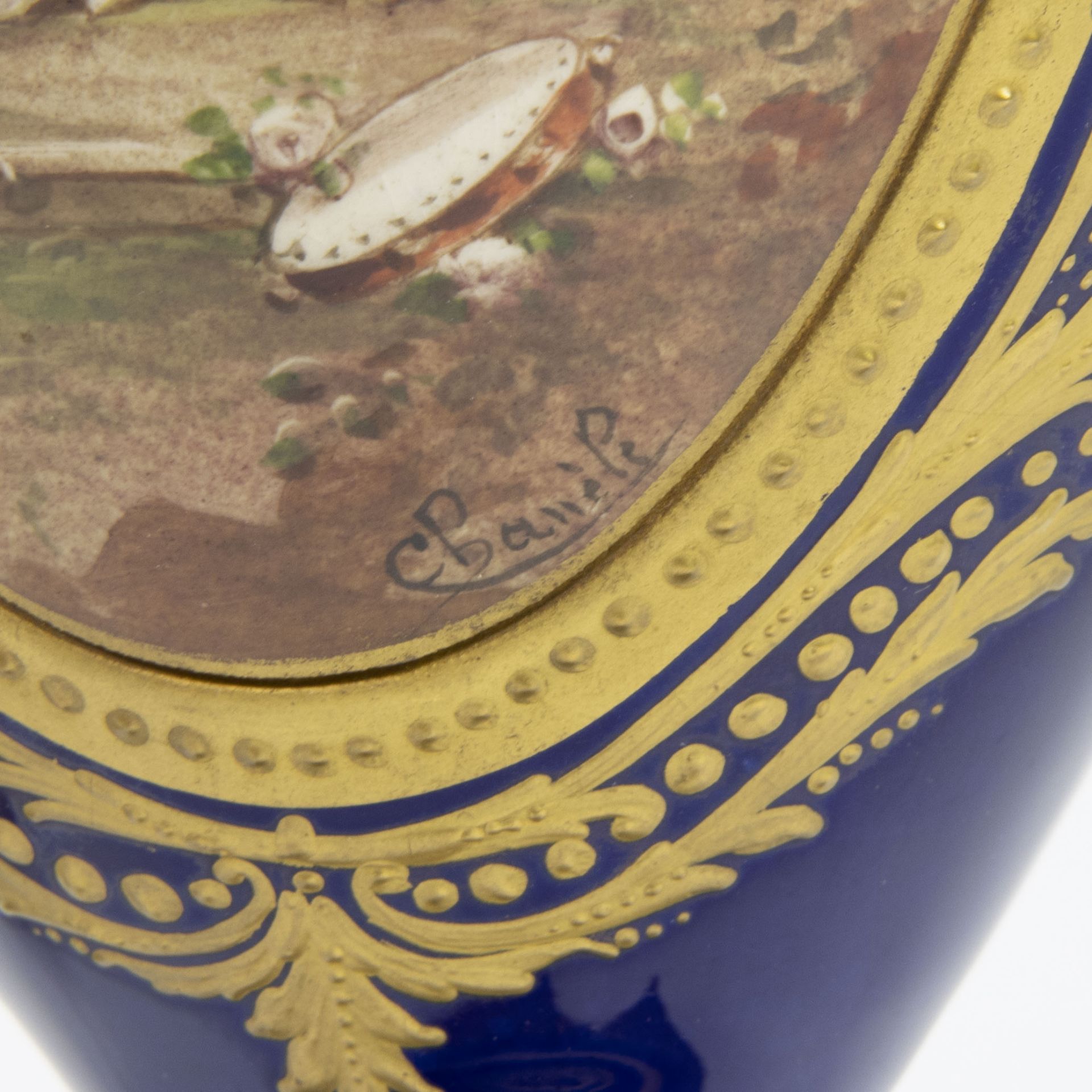 A pair of French handpainted Sèvres vases by Chanèle, signed and marked. - Image 3 of 9