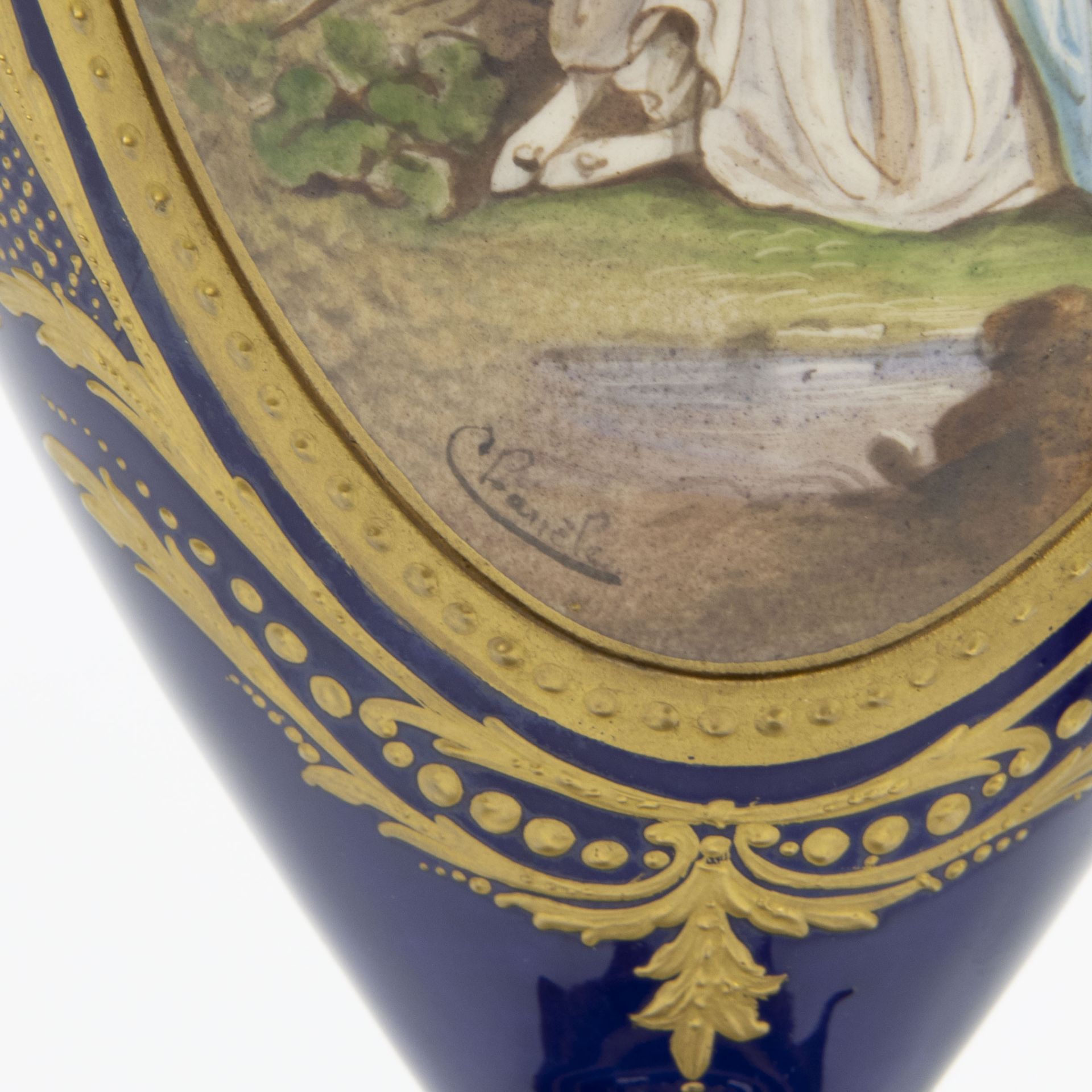 A pair of French handpainted Sèvres vases by Chanèle, signed and marked. - Image 5 of 9