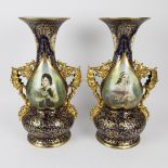 Pair of hand-painted vases in cobalt blue and gilded ornamental decor flower boy and girl