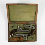 Wooden box with a pair of Liège luxury percussion pocket pistols with detachable damask barrel, stor