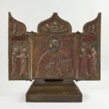 Sculpted wooden triptych Christ Pantokrator Russian 18th century