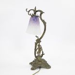 Art Nouveau table lamp in bronze with shade in glass paste Schneider