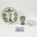 Lot of ceramics, altar vase 1788 (dated), tile, ink set and saucer Northern Netherlands circa 1700