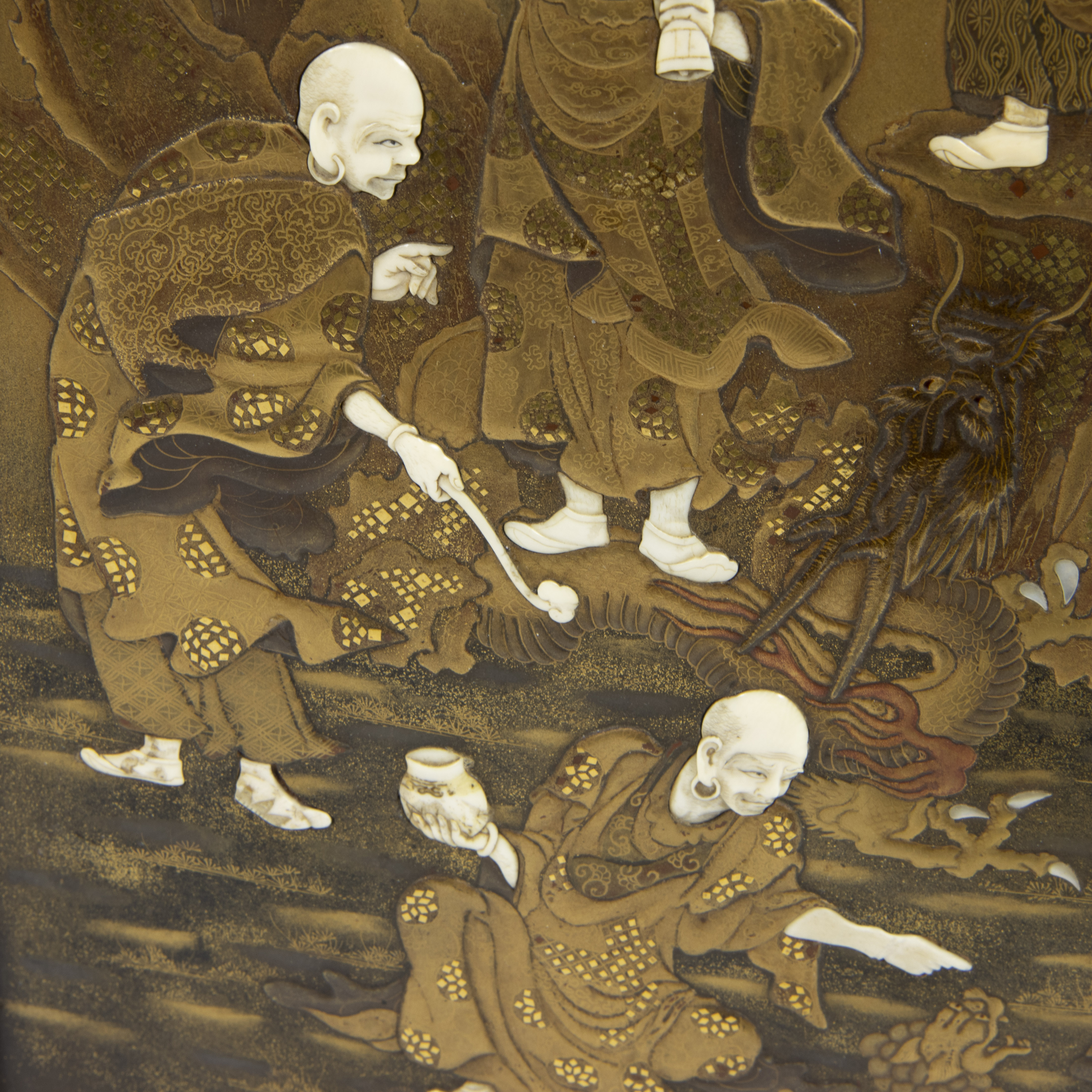Lacquer cabinet door panel 19th century depicting 7 sage Gods with ivory heads and arms, Japanese Im - Image 6 of 10