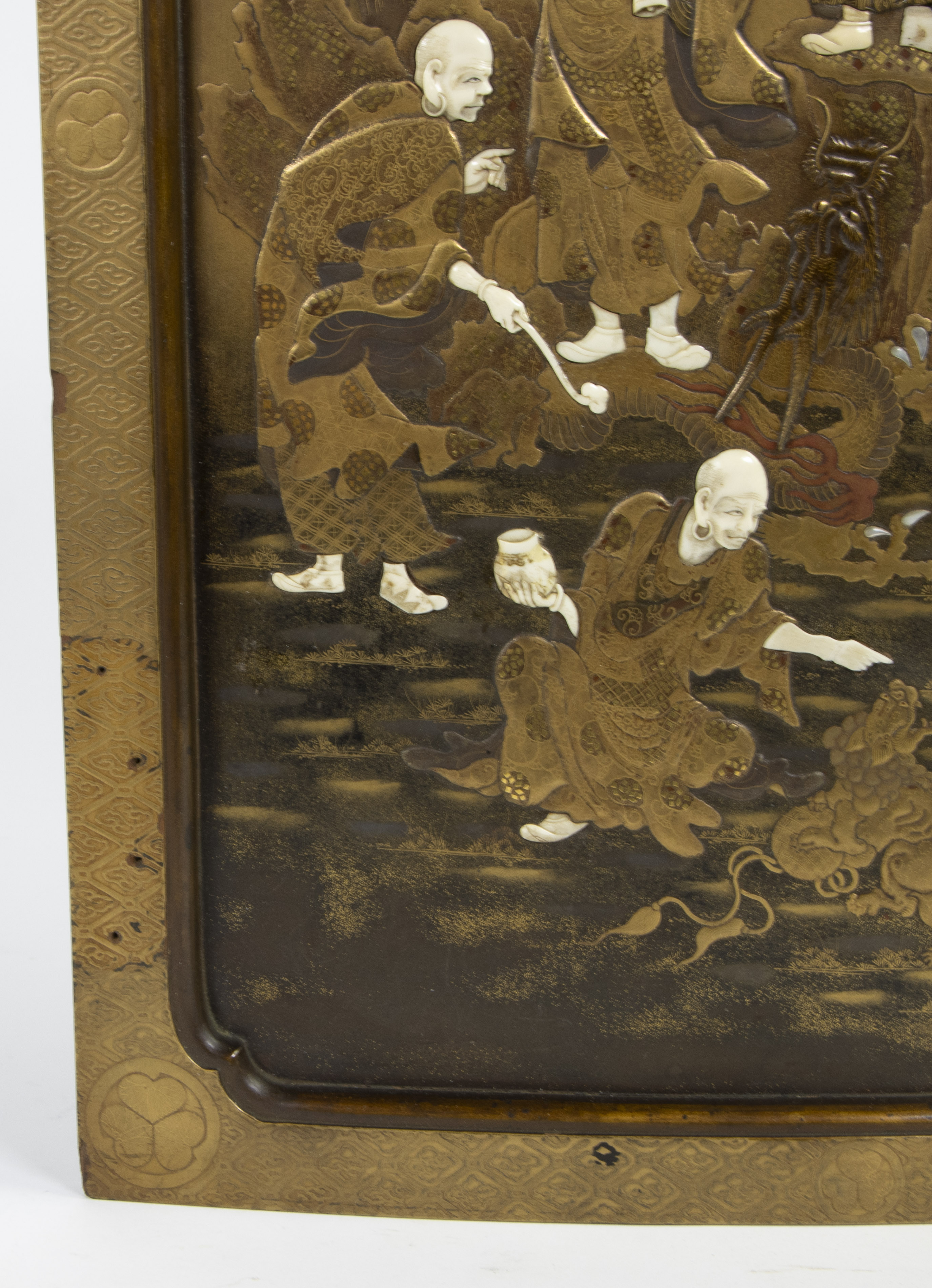 Lacquer cabinet door panel 19th century depicting 7 sage Gods with ivory heads and arms, Japanese Im - Image 4 of 10