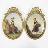 Pair of hand-painted plaques on porcelain in bronze Louis Philippe frame 19th century