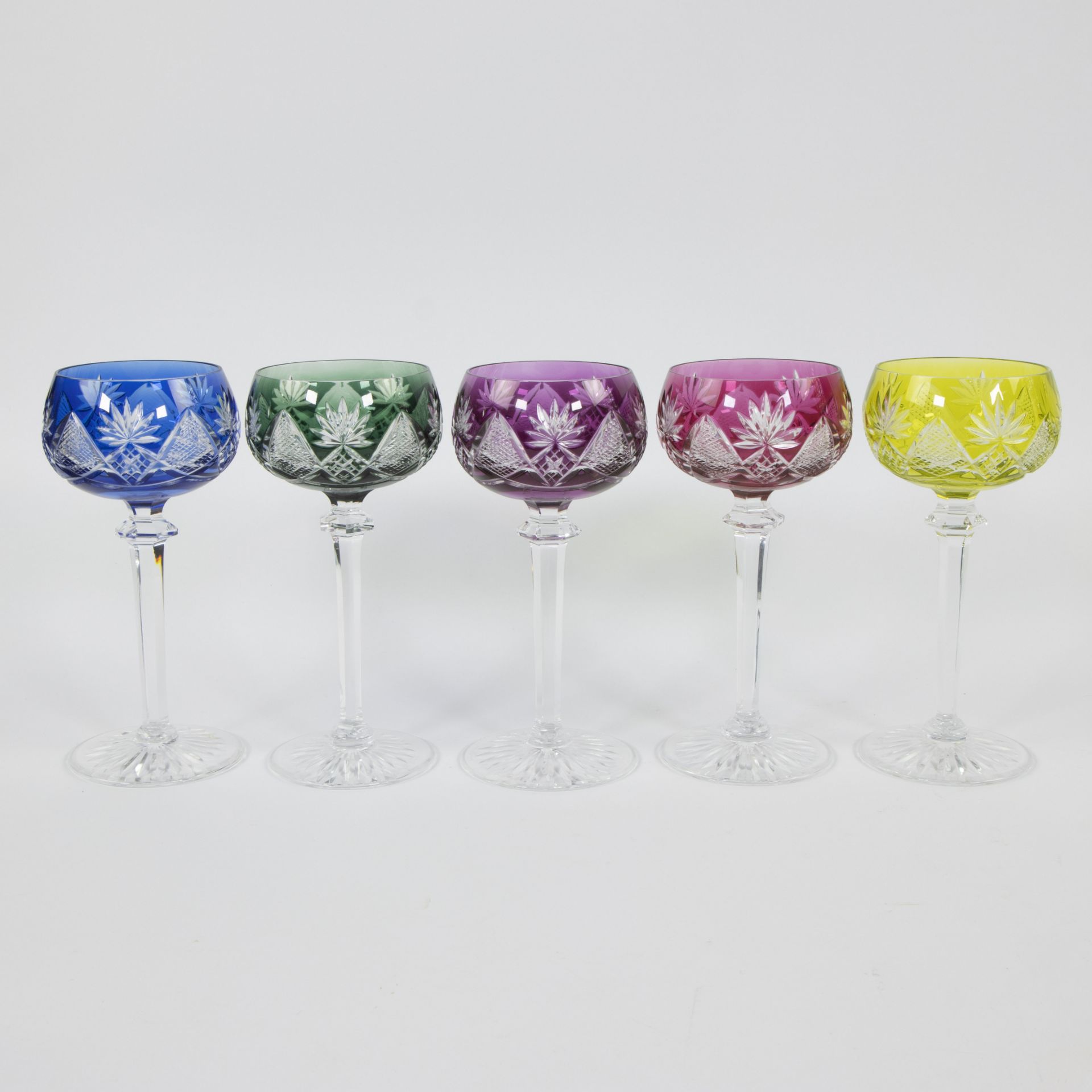 Val Saint Lambert 5 colored crystal glasses