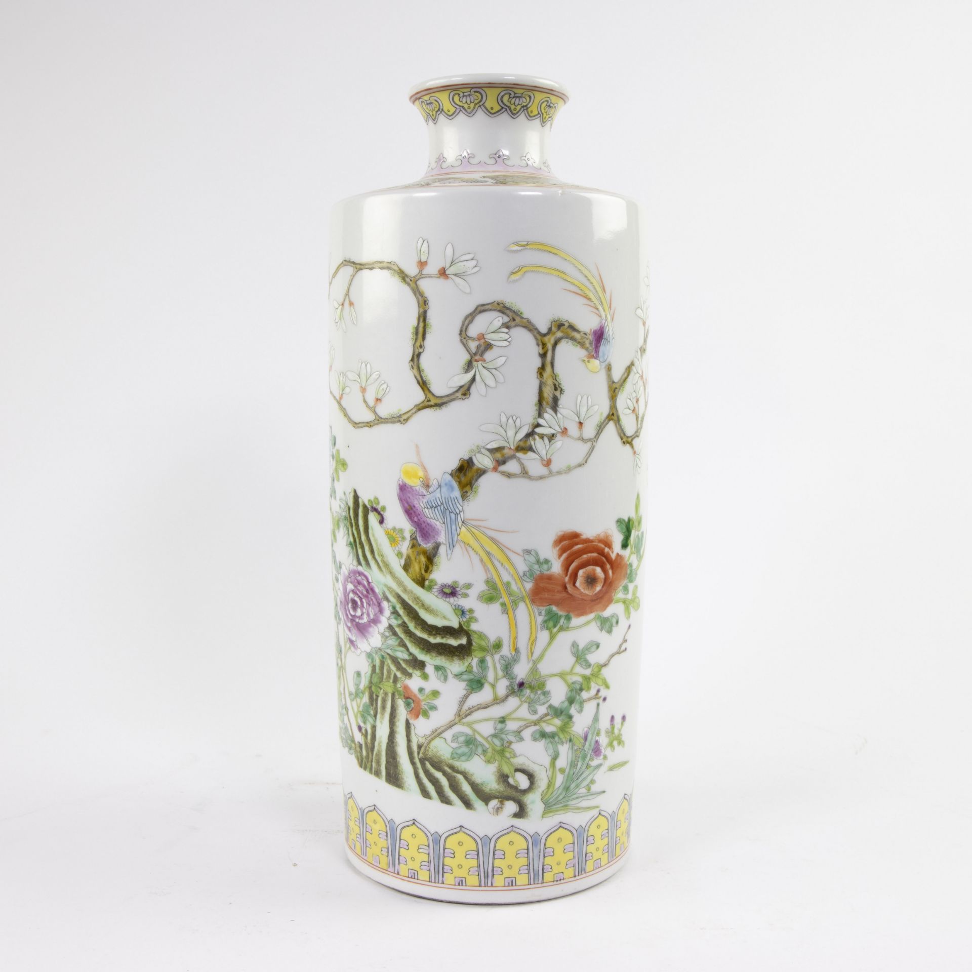 Chinese rouleau vase with pheasant and peony decor, Guangxu marked.