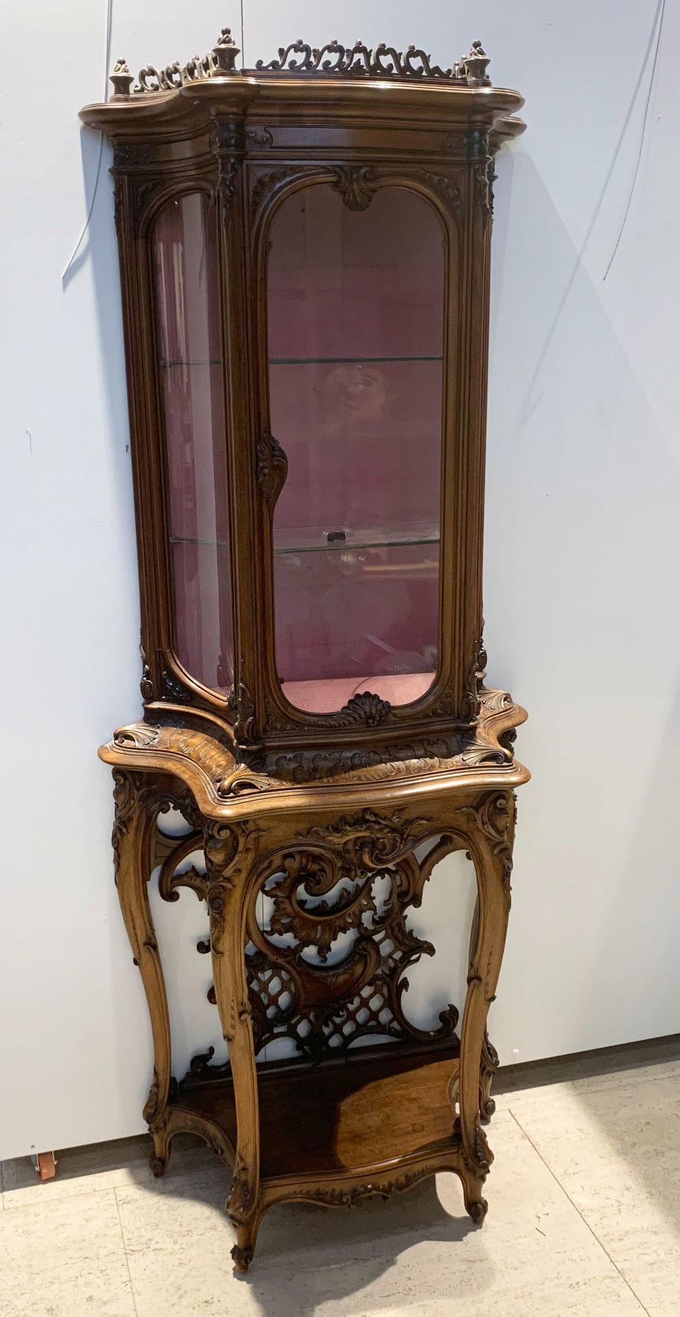 Finely sculpted walnut display cabinet Louis XV style, late 19th century