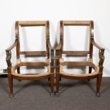 2 wooden frames of armchairs with bronze sphinxes Consulat, from the period