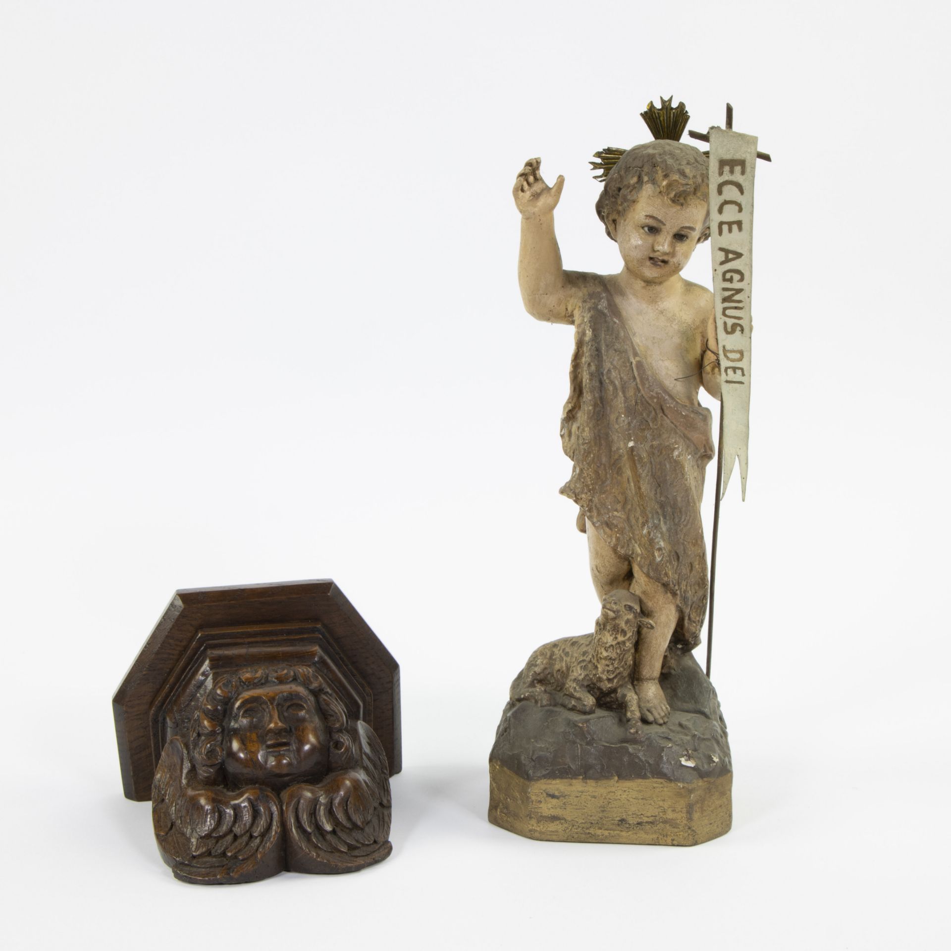 Patinated plaster Saint John the Baptist (Ecco Agnus Dei) early 19th century with wooden base