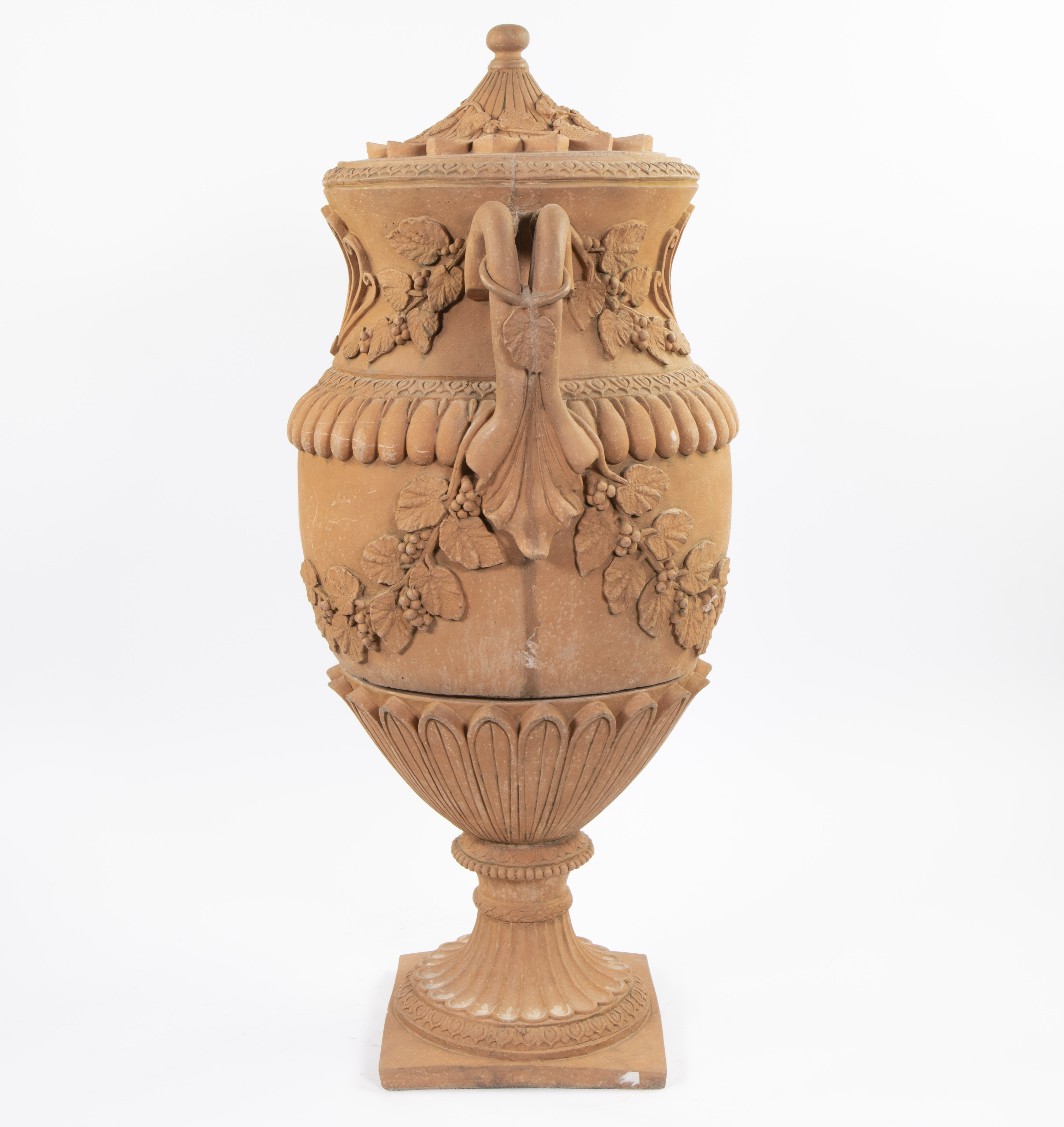 Pair of large 19th century terracotta garden vases decorated with leaf motifs - Image 3 of 9