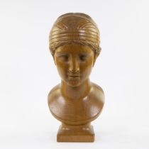 Art deco wooden bust of a young lady, monogram AV