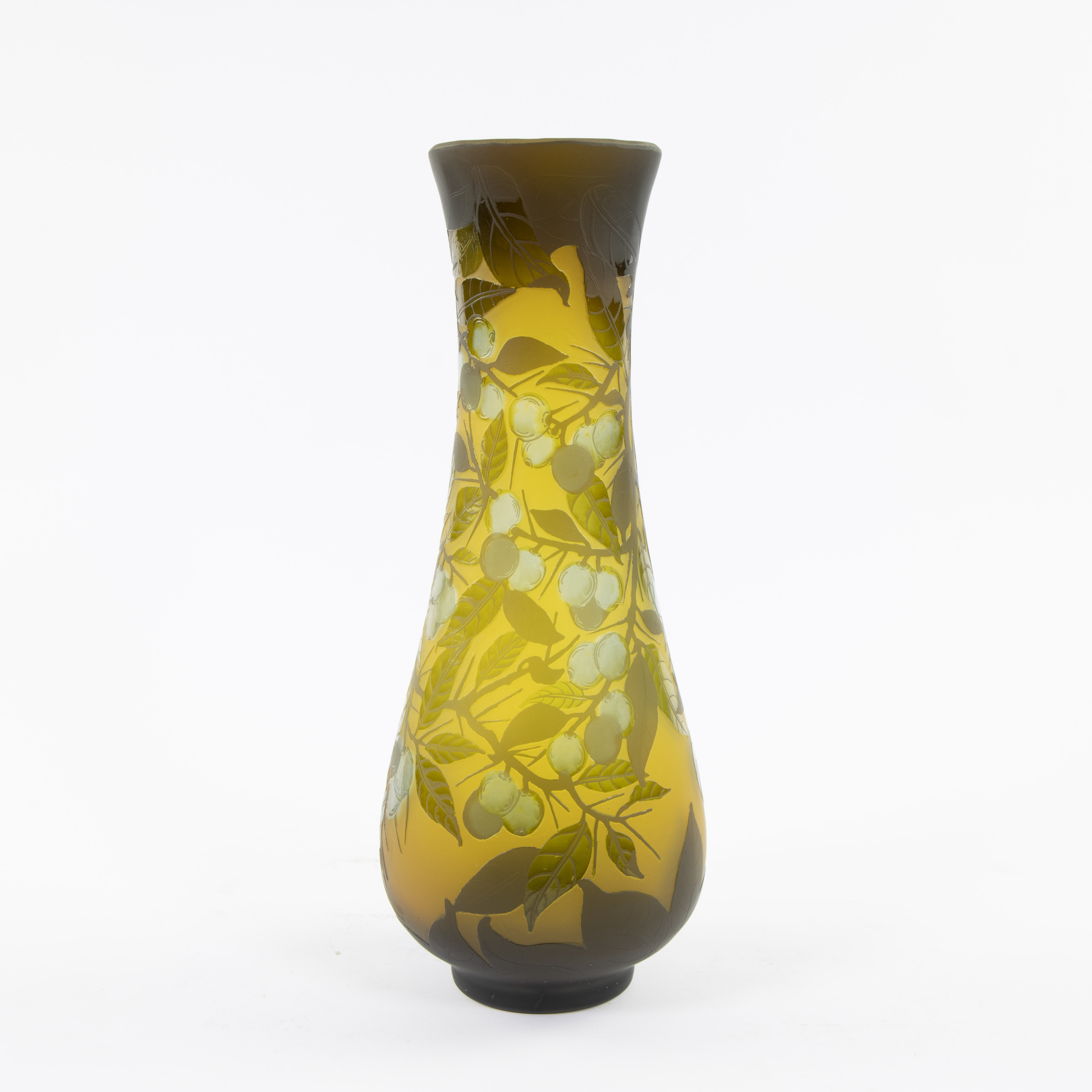 Vase style Gallé in acid-etched multi-layer glass decorated with olives on an orange-yellow backgrou