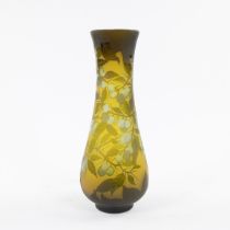 Vase style Gallé in acid-etched multi-layer glass decorated with olives on an orange-yellow backgrou