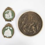 Bronze plaque set in marble and 2 Wedgwood plaques in messing frame and Carlos VAN DIONANT , bronze