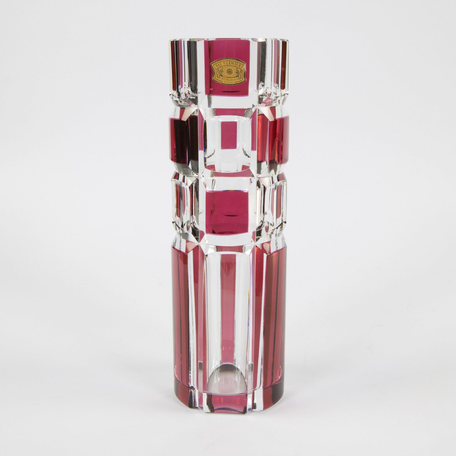 Val Saint Lambert red crystal cylinder vase with original label