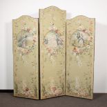 Folding screen with cloth on a wooden frame depicting romantic scenes