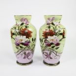 Pair of opaline vases hand-painted with flowers