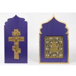 Fire-gilt Orthodox cross and metal Russian icon with ceramics St Nicolas