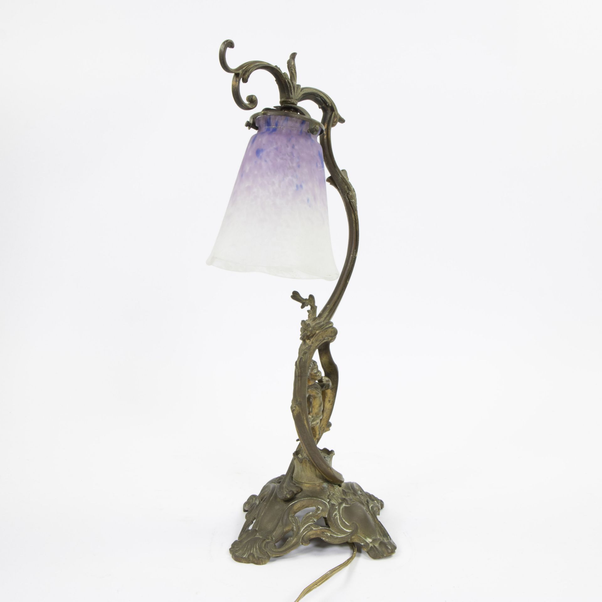 Art Nouveau table lamp in bronze with shade in glass paste Schneider - Image 2 of 4