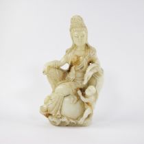 Chinese jade statue Guanyin with child, and Ruyi scepter.