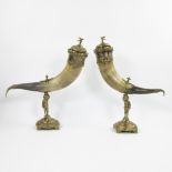 Cornucopia in bronze mount (2) - Bronze, Horn, Brass - ca. 1880