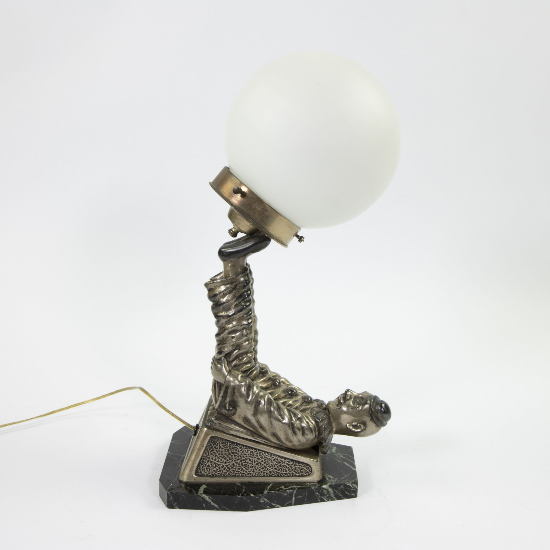Art Deco table lamp Clown in silver plated bronze with glass ball