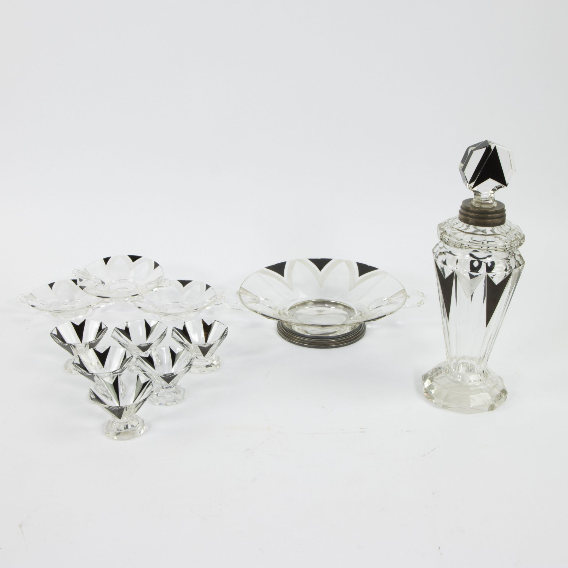 Bohemian Art Deco crystal liqueur set with silver finish Delheid