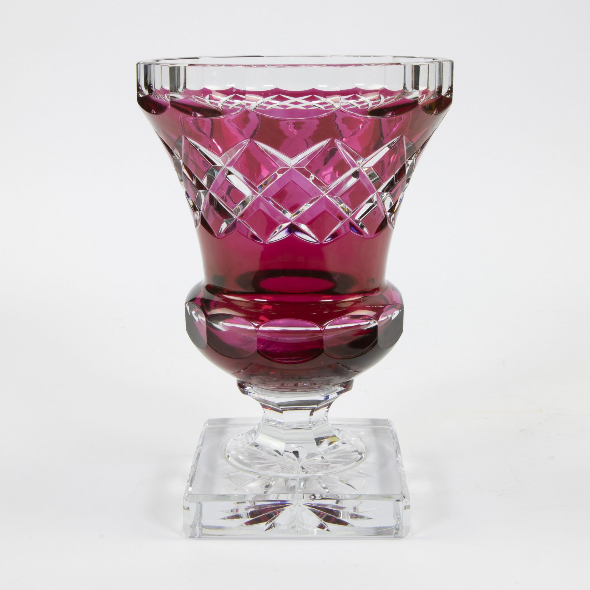 Val Saint Lambert red crystal vase model Thessalie, signed on the bottom, with original label