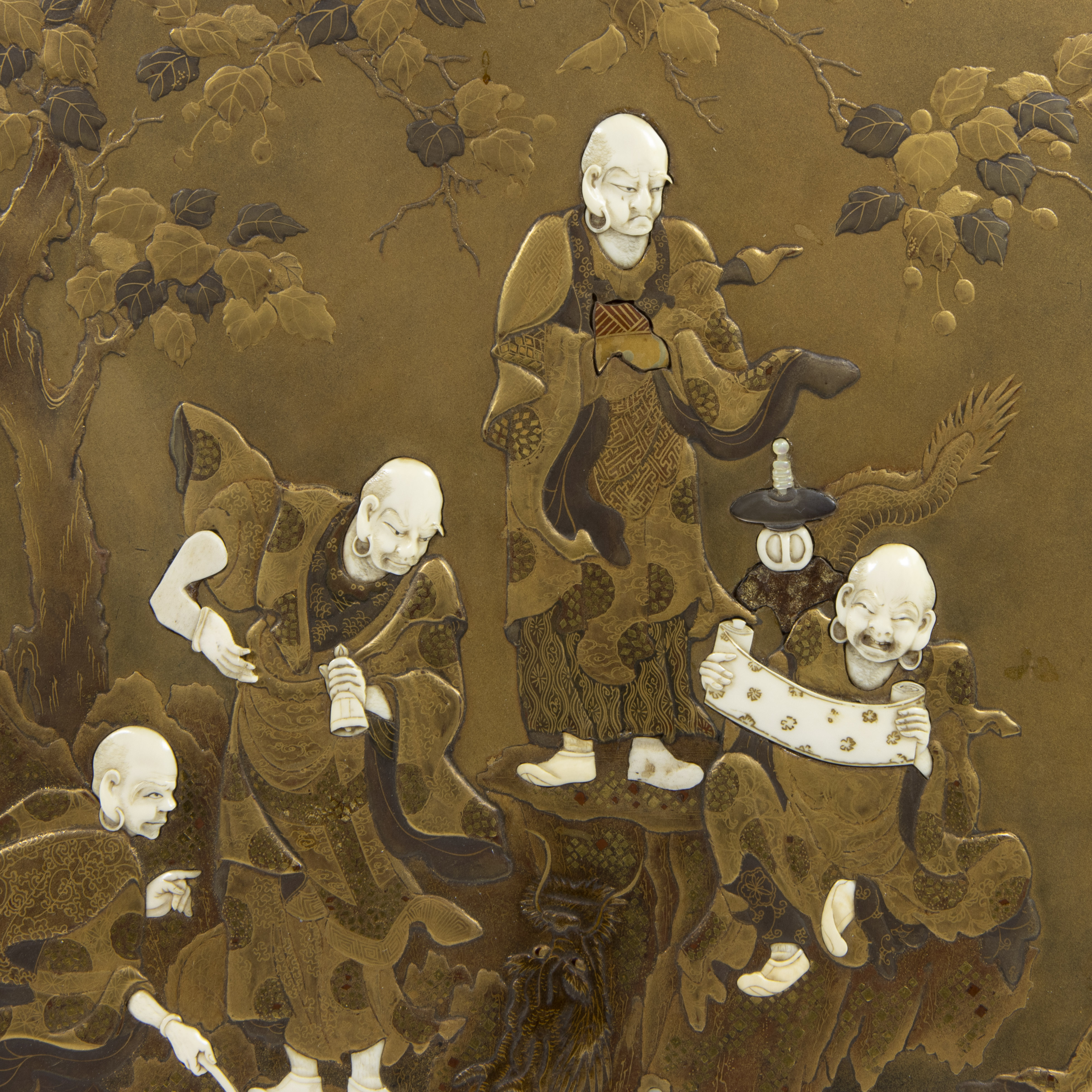 Lacquer cabinet door panel 19th century depicting 7 sage Gods with ivory heads and arms, Japanese Im - Image 2 of 10