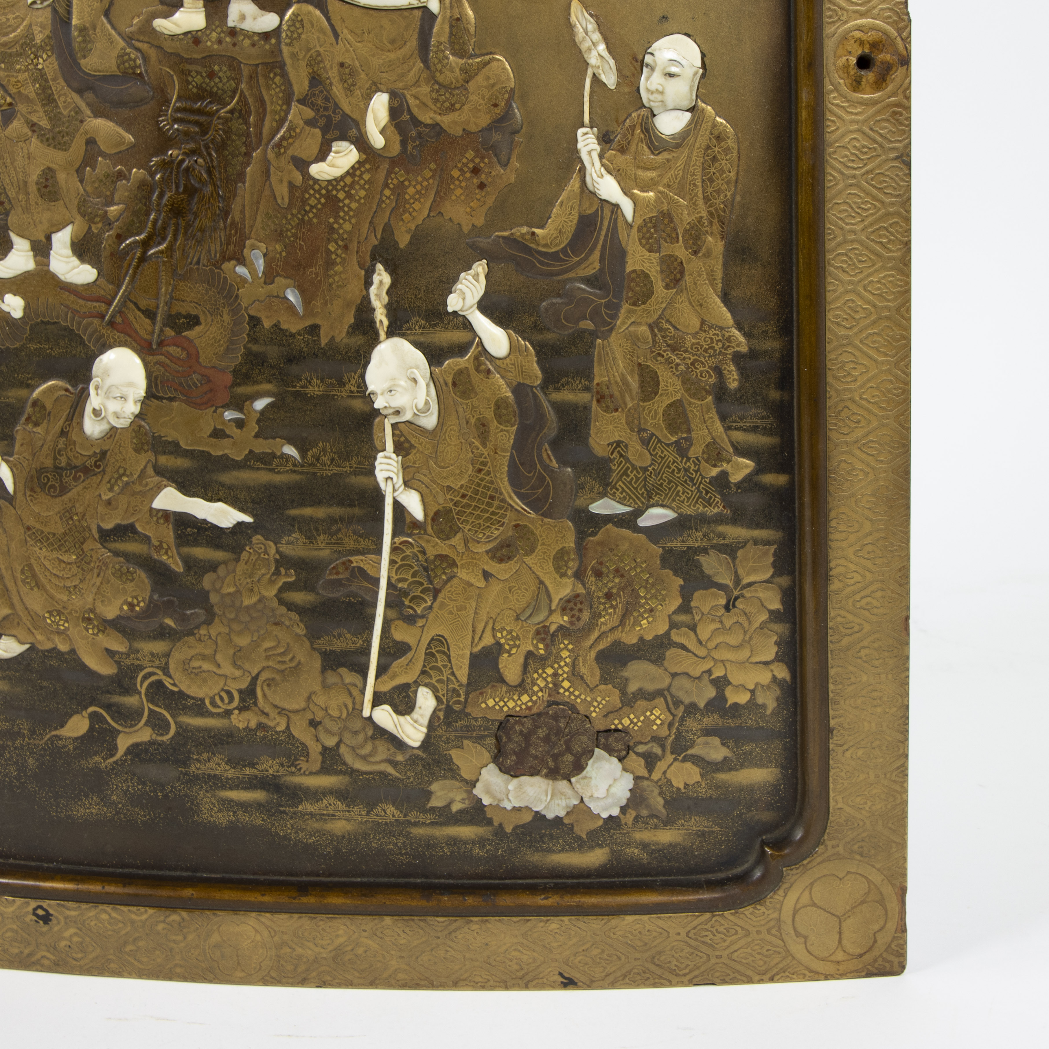 Lacquer cabinet door panel 19th century depicting 7 sage Gods with ivory heads and arms, Japanese Im - Image 3 of 10