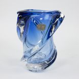 Vintage Val Saint Lambert vase blue crystal 60s/70s, with original label and signed