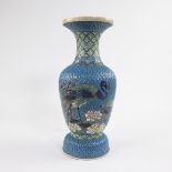 Large vase with crane and swallows on blue background, Meiji period