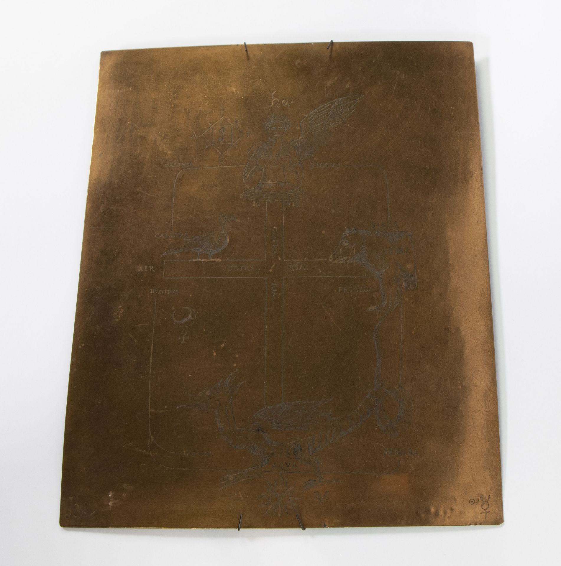 Engraved copper plate with Enigmatic message, imbued with earthly and mystical symbols