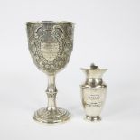 Jewish pitcher and English drinking cup (silver content both 925, silver weight 191 + 125 grams)