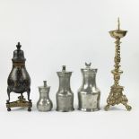 Lot of pewter and copper, 3 French pewter jugs 18th, candlestick 17th and Dutch tap jug circa 1850