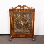 Fireplace screen in acajou with inlay and embroidery, decor parrot 19th century