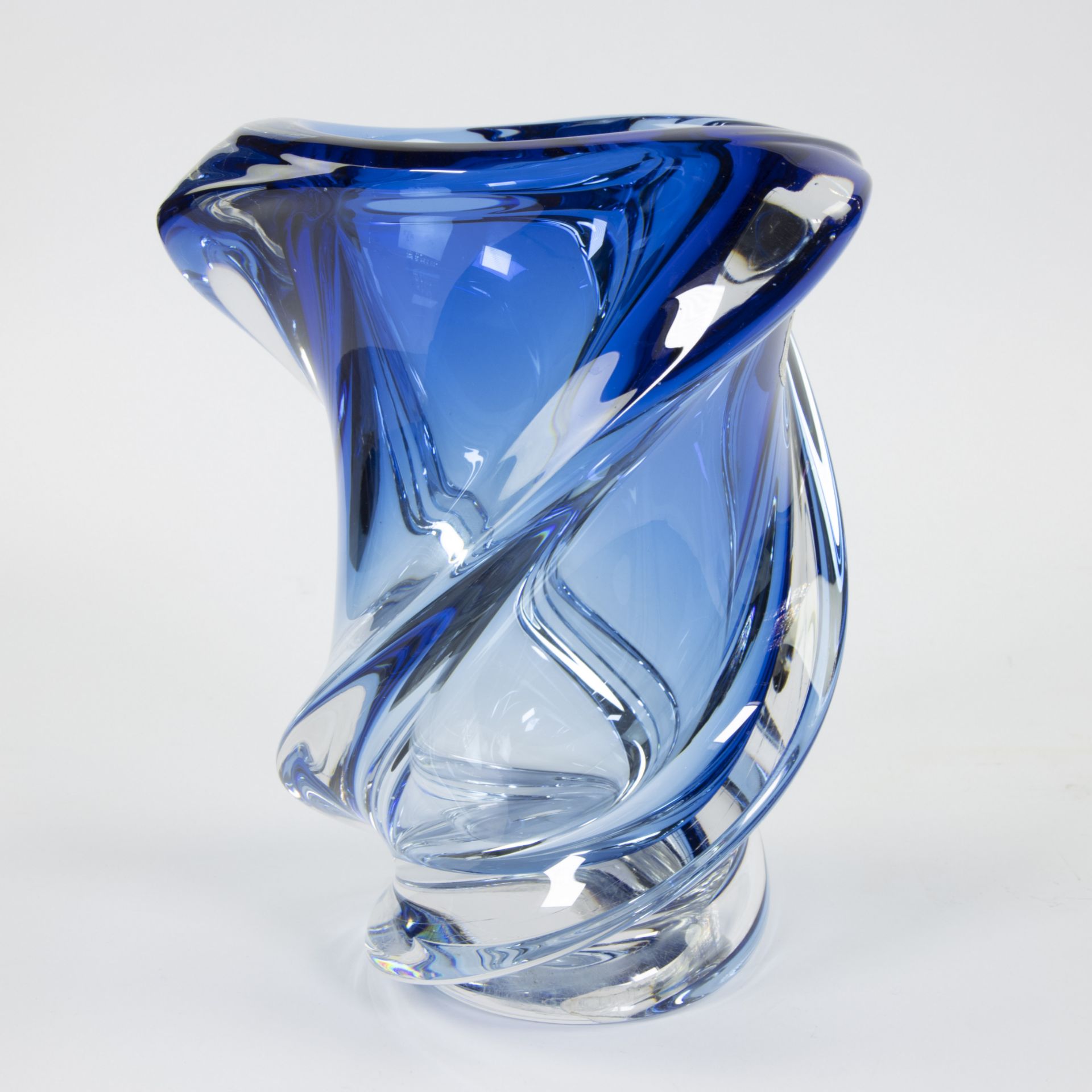 Vintage Val Saint Lambert vase blue crystal 60s/70s, with original label and signed - Bild 4 aus 5