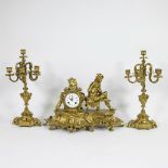 Fire gilt bronze mantel clock decor guitar player with 2 candlesticks