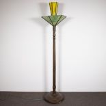 Standing Art Deco lamp with shade in green and yellow glassware on wooden knobbed base