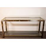 Belgo Chrom console, steel and brass with clear glass