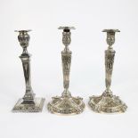 Pair silver 800 candlesticks Belgium late 19th century, 1700 grams and one silvered English candlest