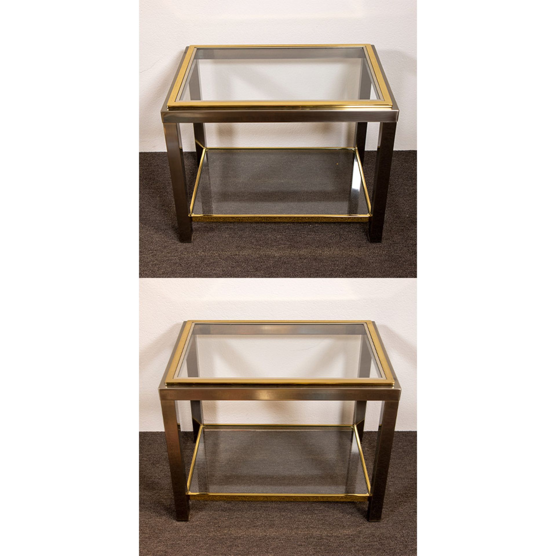 2 Belgo Chrom side tables, steel and brass with clear glass